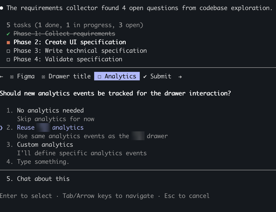 Claude interactively collecting requirements — asking about analytics, validating specs, and tracking open questions